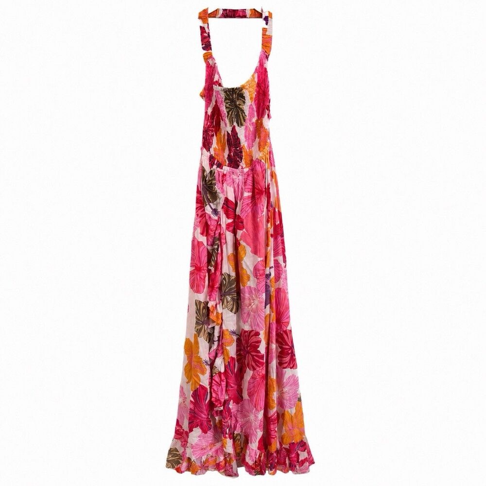 Tiare Hawaii Halter Maxi Dress Small Medium Pink Floral Tropical Smocked Resort